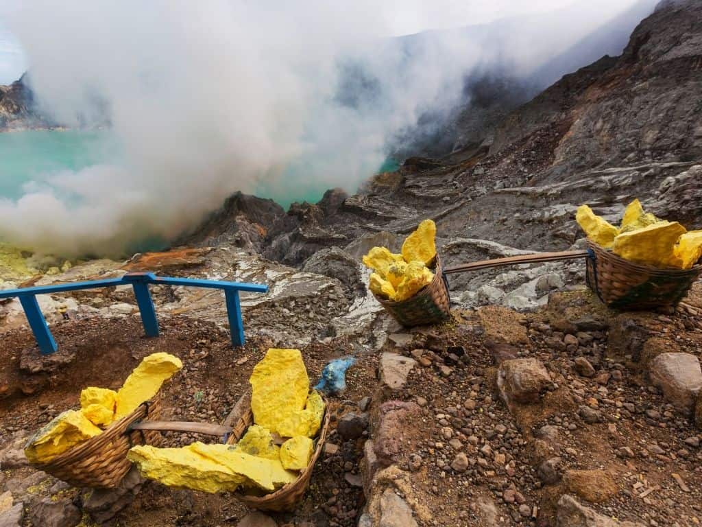 The sulfur miners at Mt Ijen work long and grueling hours. This is one of the most demanding jobs in the world.