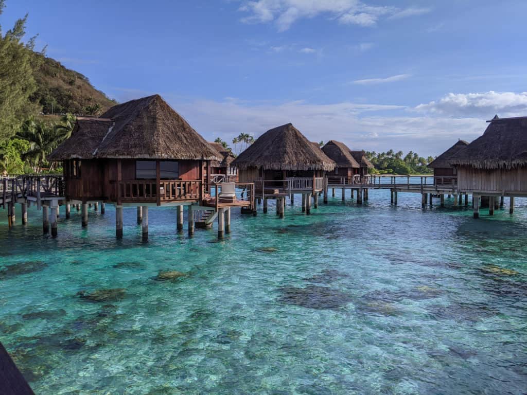 Overwater bungalows at the Sofitel Resort and Spa on the island of Mo'orea in the French Polynesia