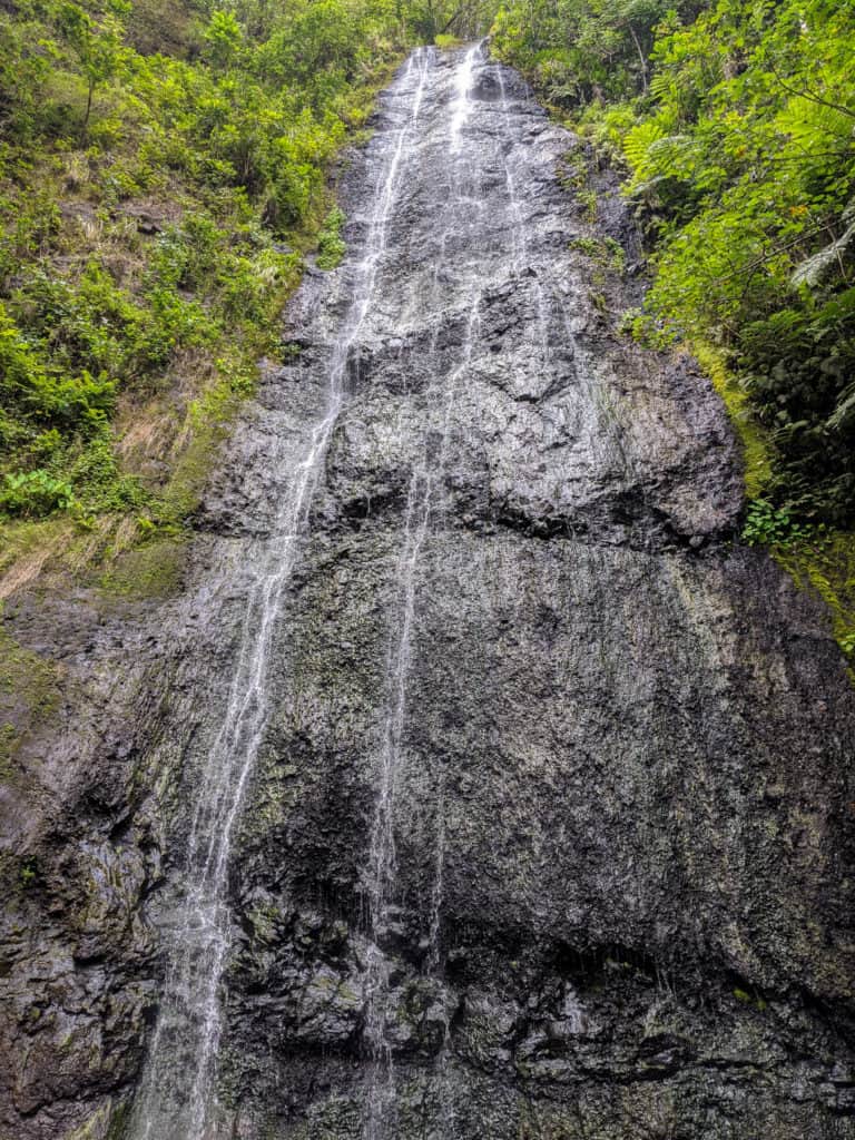 An upward view of Afareaitu Waterfall on the island of Moorea