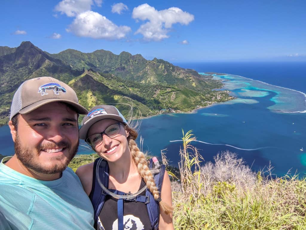 The view of Opuhonu Bay from the top of Mount Rotui. Hiking Mount Rotui is one of the best things to do in Moorea.