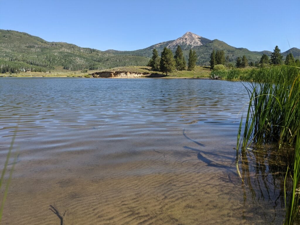 A view of Steamboat Lake in Clark, Colorado with Hahn's Peak in the background.
